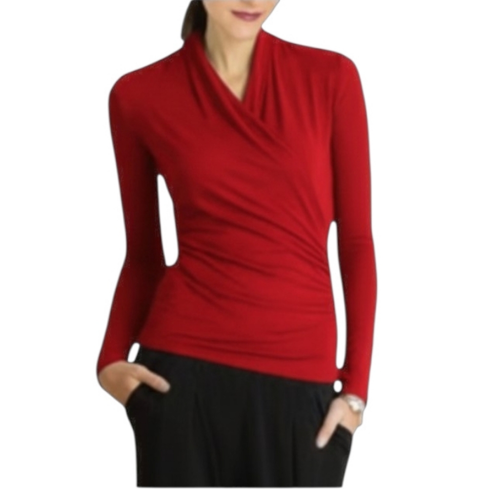 Classic Women's Red Wrap-Style Long Sleeve Blouse